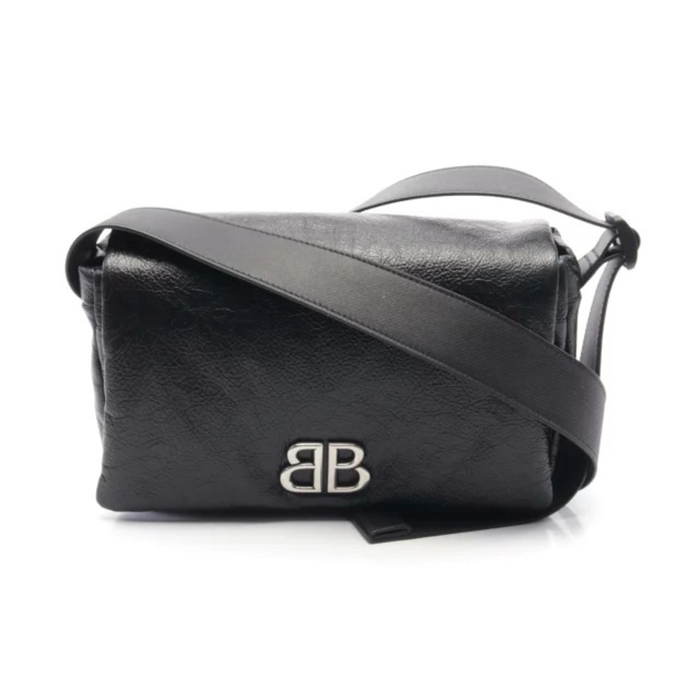 Balenciaga MONACO Flap Messenger Shoulder Bag Leather Black